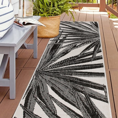 World Rug Gallery Tropical Leaves Nature Inspired Indoor/Outdoor Runner Rug 2' x 7' Black 4030BLACK2X7